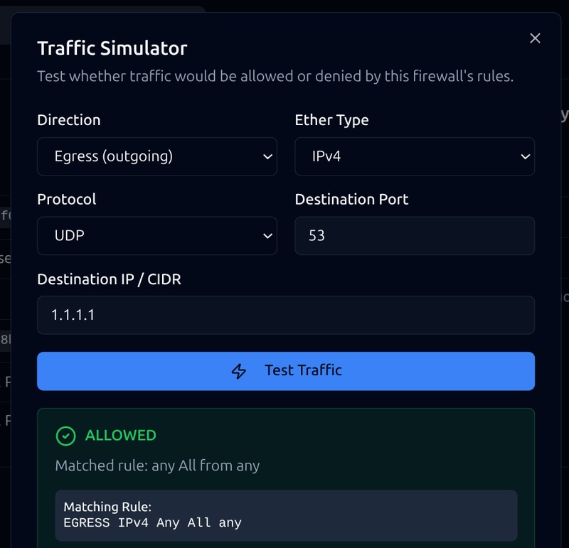 Open Edge firewall traffic simulator testing UDP egress to DNS with ALLOWED result