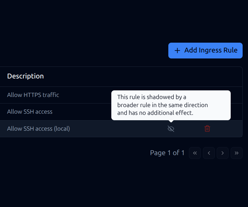 Shadowed rule detection tooltip showing a rule masked by a broader rule in the same direction