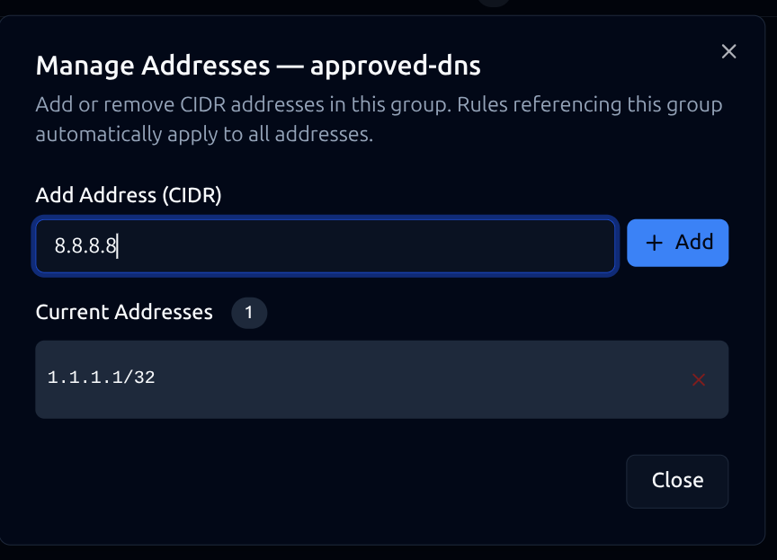 Manage Addresses dialog for address group approved-dns with CIDR entries