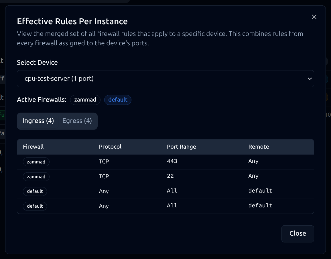 Effective Rules view showing merged firewall rules from multiple security groups applied to a server