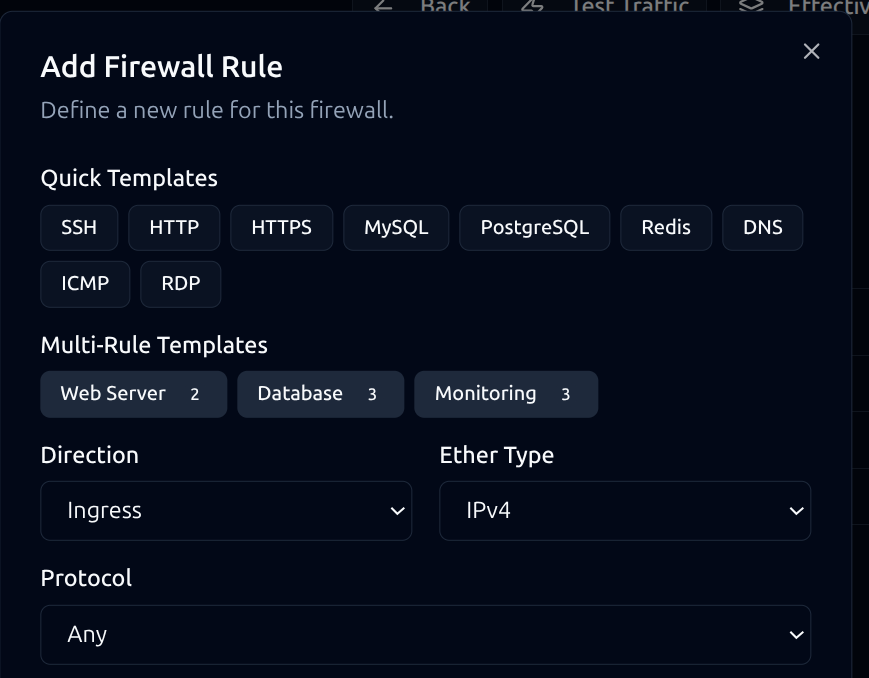 Add Firewall Rule dialog with quick templates for SSH, HTTP, HTTPS, MySQL, PostgreSQL, Redis, DNS, and multi-rule templates