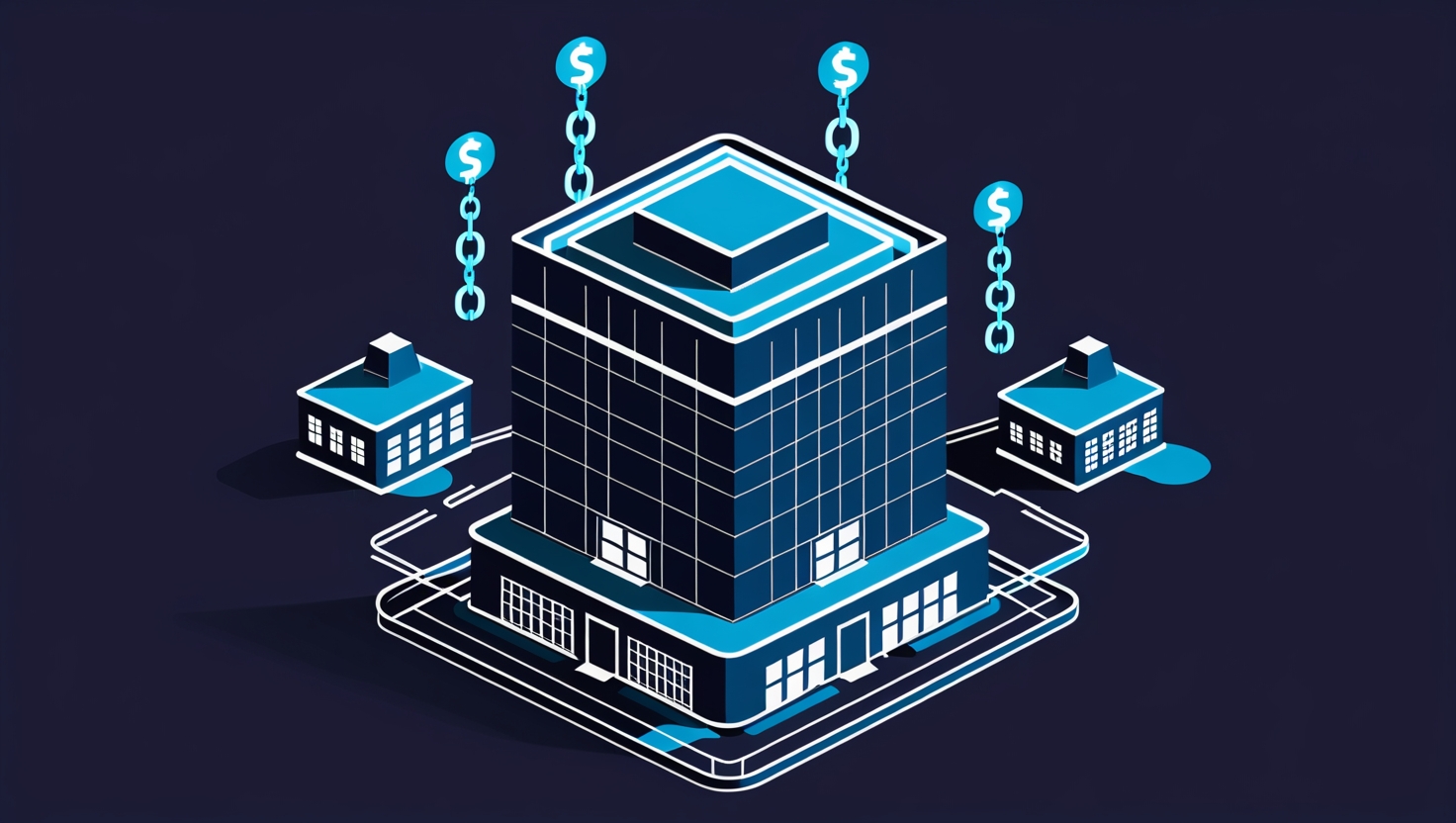 Isometric illustration of corporate building with chains and dollar signs representing vendor lock-in