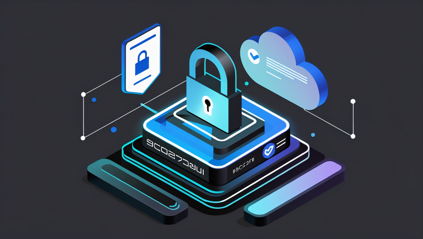 Isometric illustration of secure cloud infrastructure with padlock and verification badges