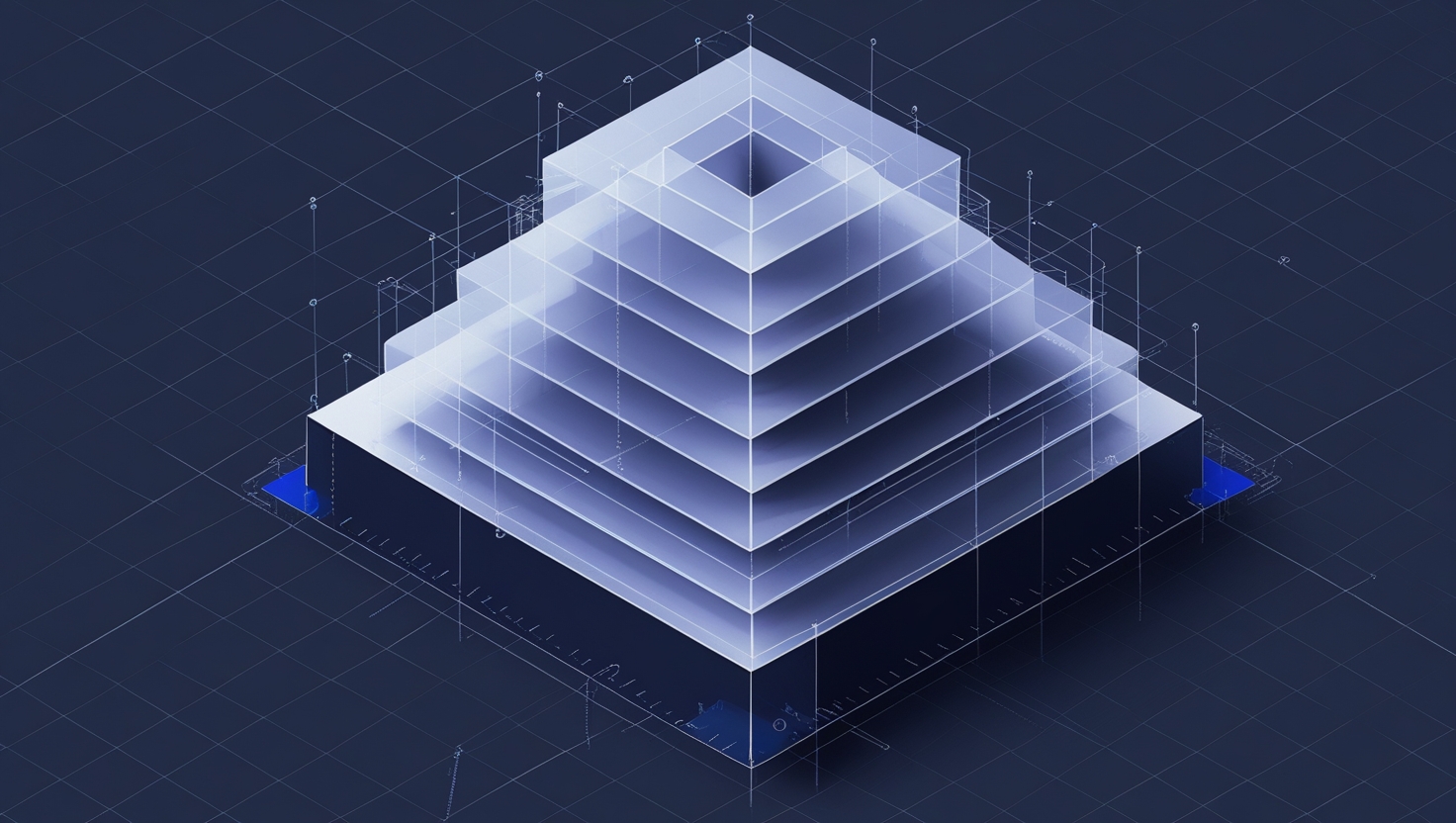Isometric blueprint of a layered enterprise security control architecture on a navy graph-paper background