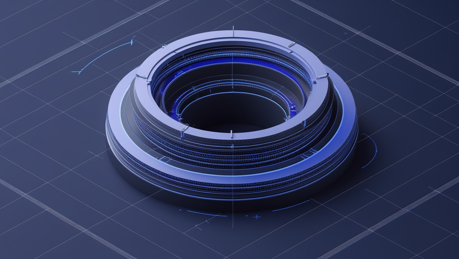 Isometric blueprint of a concentric layered compliance control framework, abstract ring structure on a navy graph-paper background