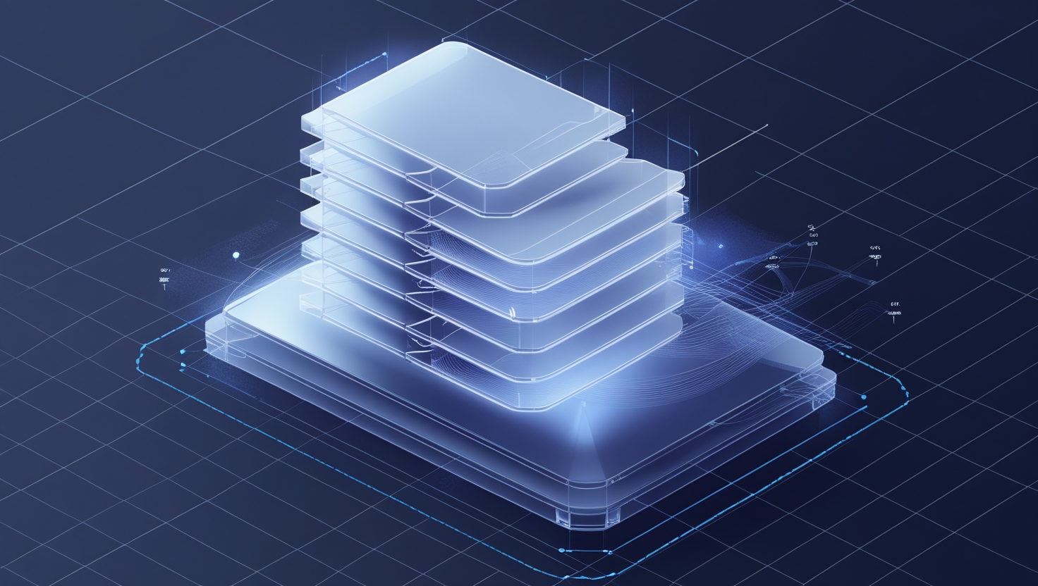 Isometric blueprint of layered cloud storage spaces on a navy graph-paper background