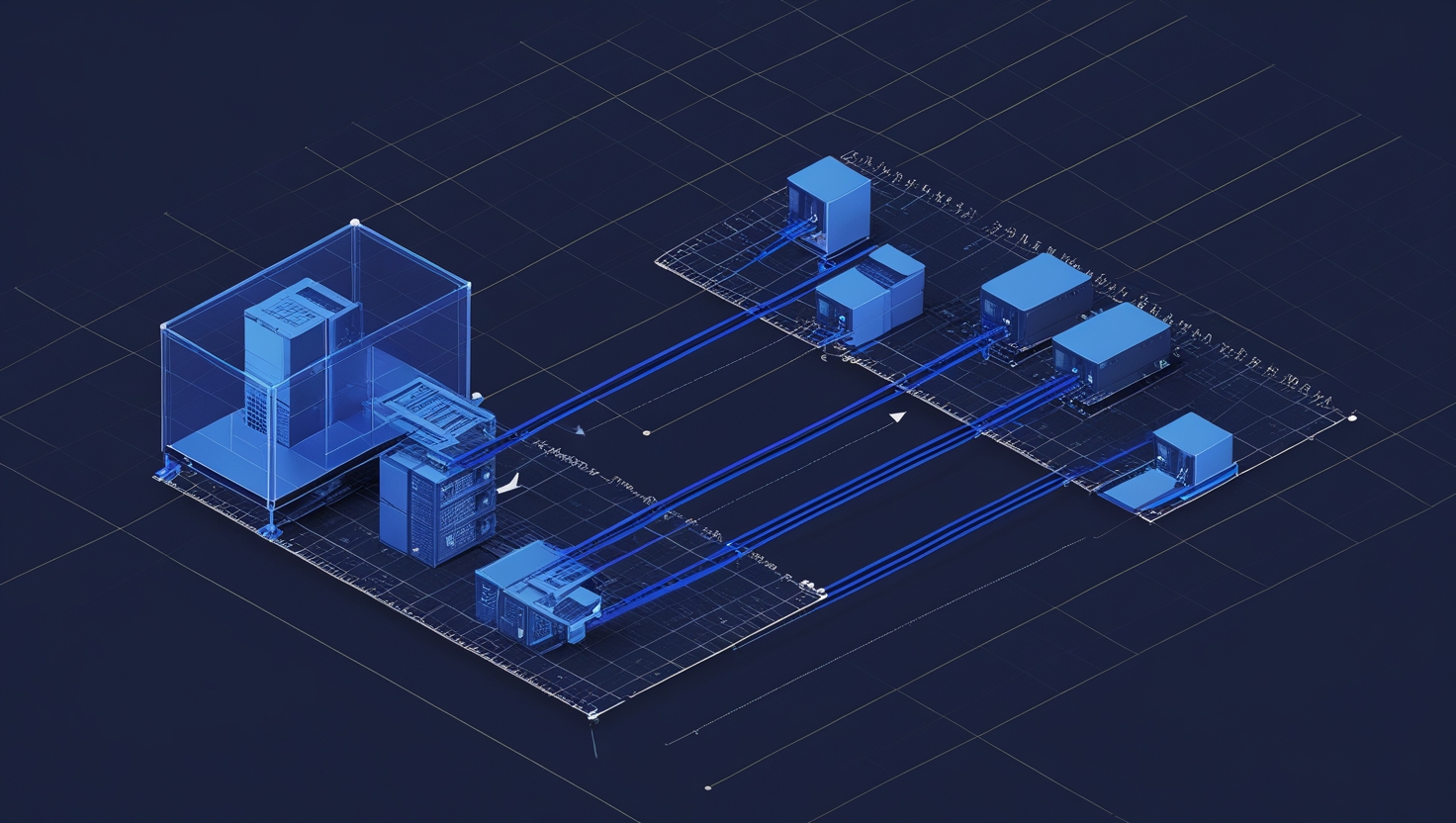 Isometric blueprint of compute workloads migrating from a closed enclosure to an open modular grid platform