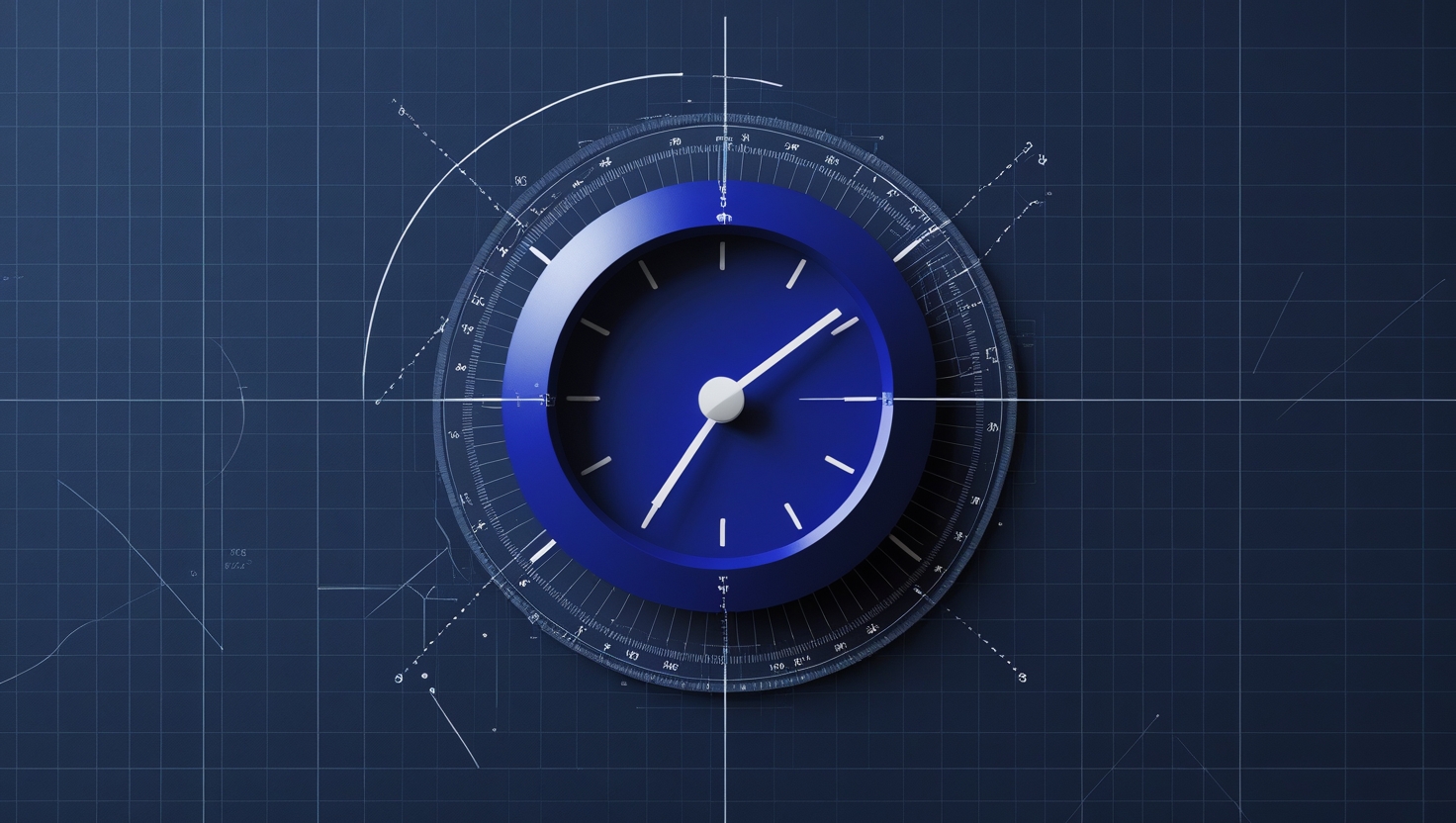 Isometric blueprint of a precision clock dial representing an incident reporting countdown on a navy graph-paper background
