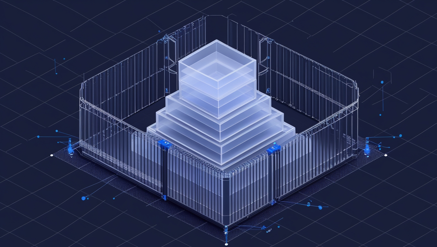 Isometric blueprint of a layered secure document repository inside a guarded perimeter on a navy graph-paper background