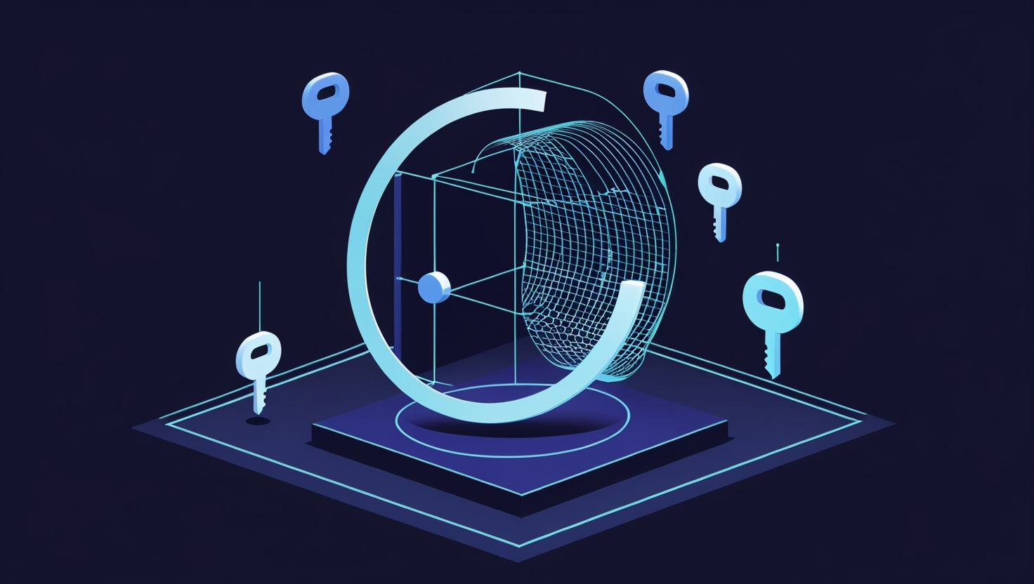 Isometric illustration of an elliptic curve cryptographic key generation system in dark navy with glowing blue mesh and periwinkle accents