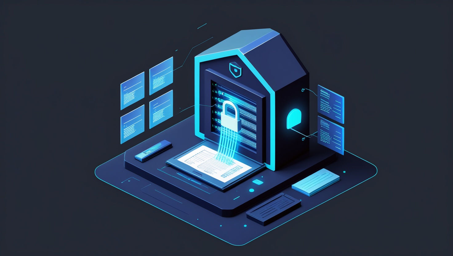 Isometric illustration of a secure vault protecting financial documents and tax records on a sovereign US cloud