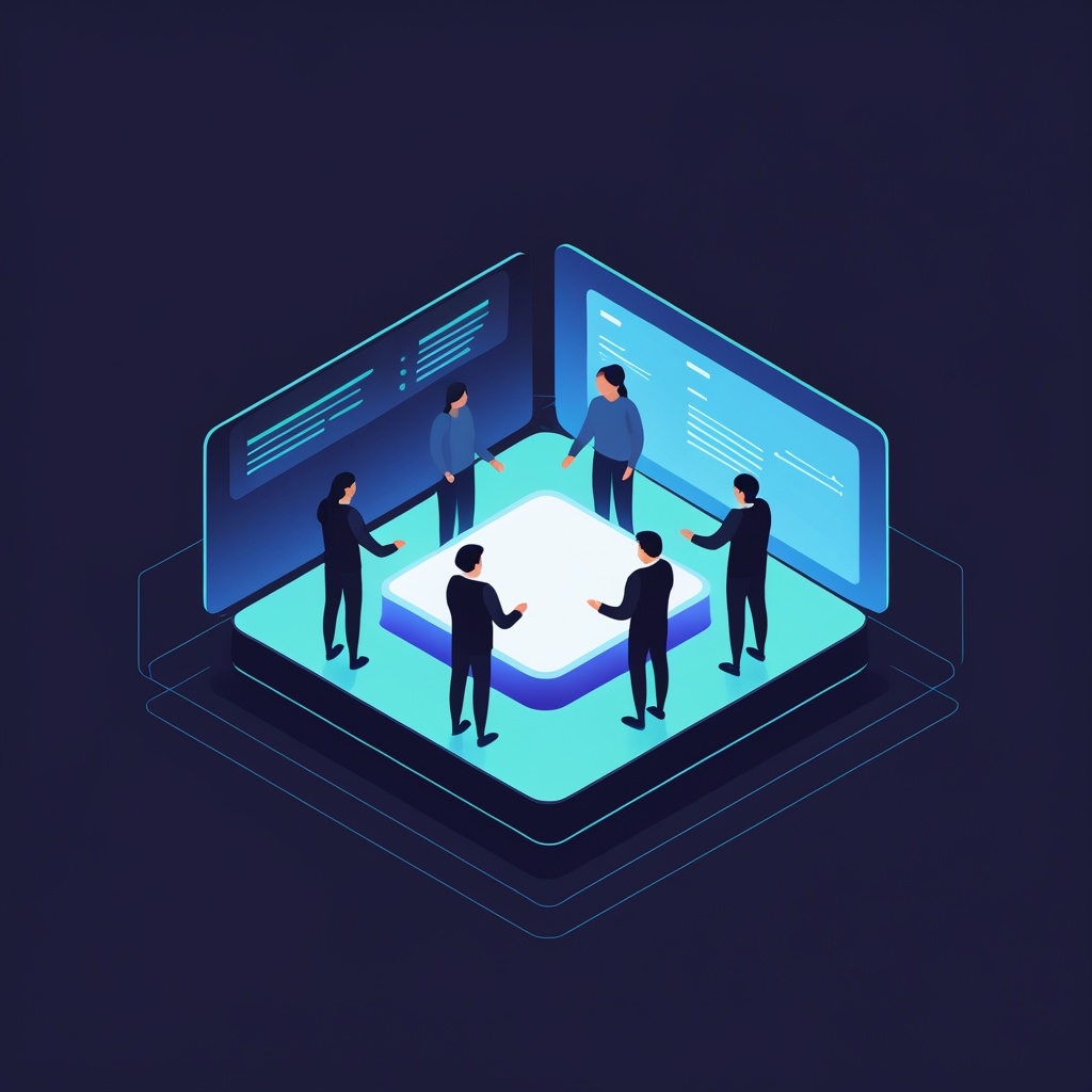 Isometric illustration of a team collaborating around a shared glowing workspace, deep navy background with blue accents