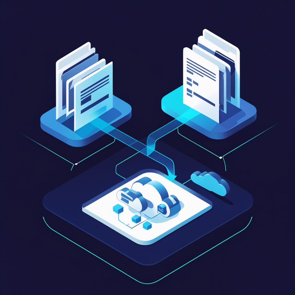 Isometric illustration of documents flowing into secure cloud storage, deep navy background with blue accents