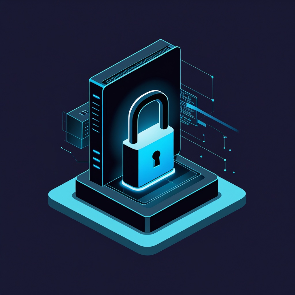 Isometric illustration of a glowing padlock on a hardened server, deep navy background with blue accents