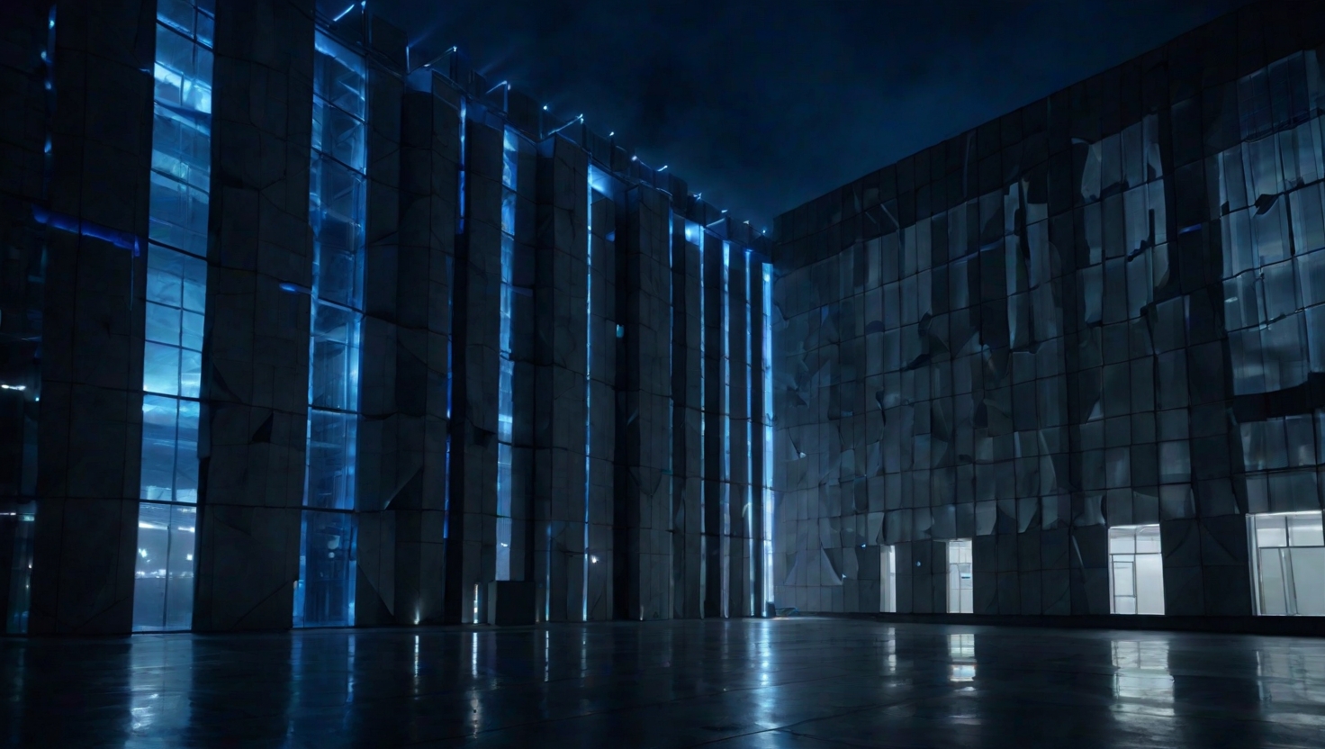 Monolithic dark data center architecture with glowing blue structural lines, facade panels resembling pinned paper documents