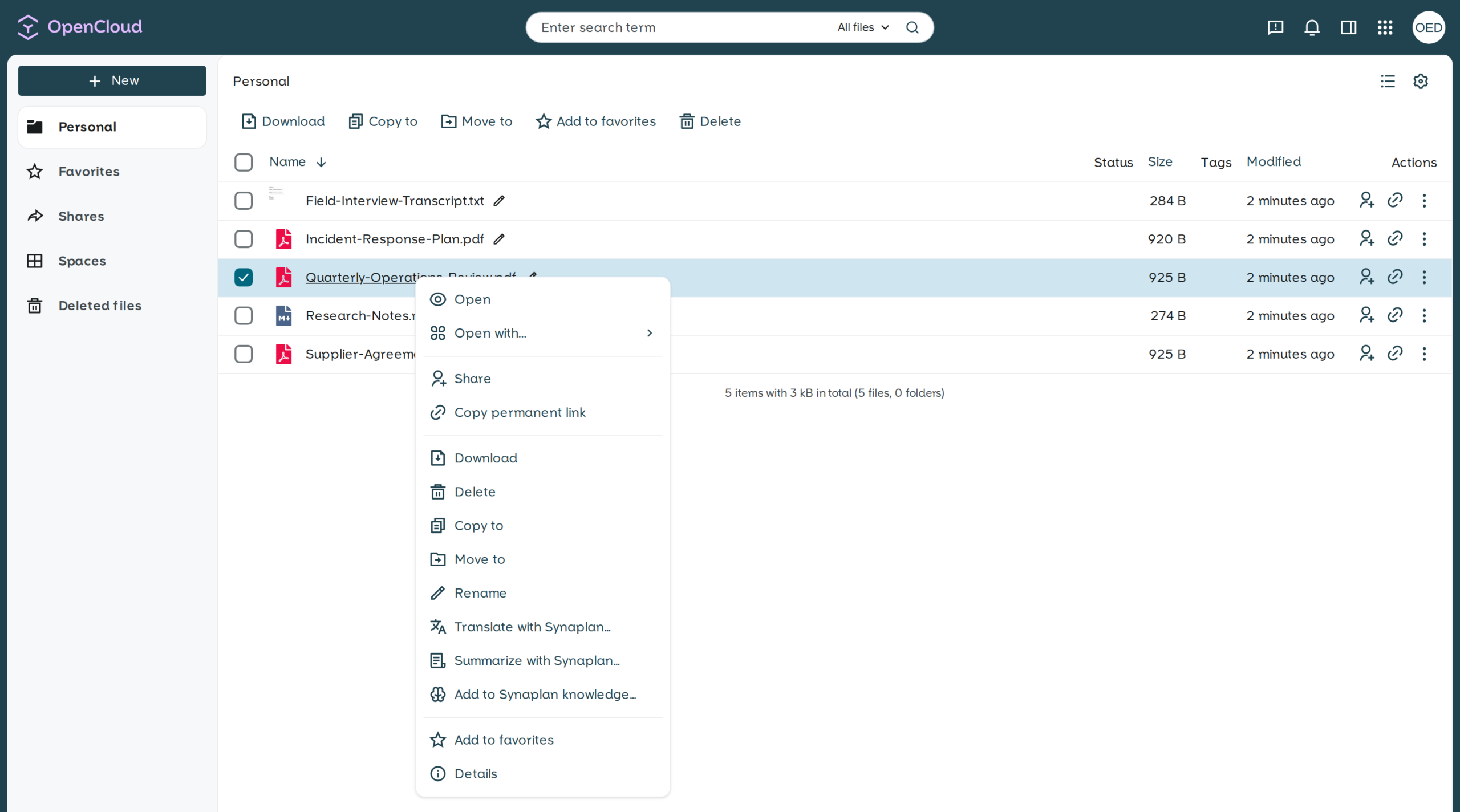 The OpenCloud file manager with a right-click context menu open on a PDF, showing Translate with Synaplan, Summarize with Synaplan, and Add to Synaplan knowledge alongside the standard file actions.