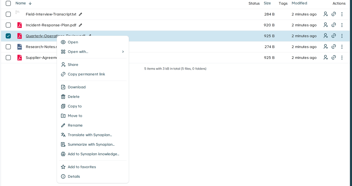 Close-up of the OpenCloud file list with the Synaplan translate, summarize and add-to-knowledge actions in the context menu.